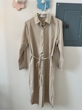 Beige Button-Front Shirt Dress with Tie Waist